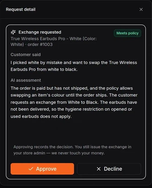 HiQBot order request detail with an exchange request, the AI assessment against store policy, and Approve or Decline