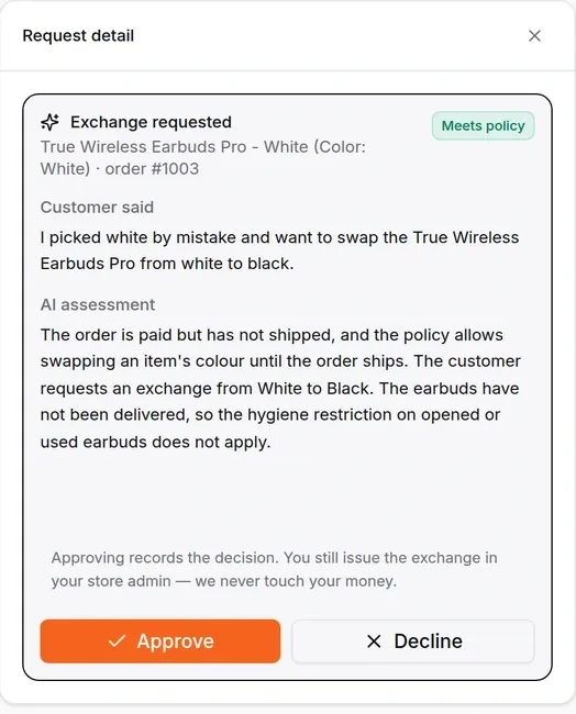 HiQBot order request detail with an exchange request, the AI assessment against store policy, and Approve or Decline
