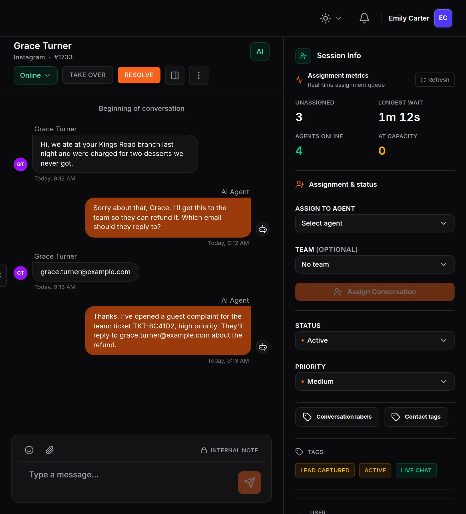 HiQBot AI helpdesk on Instagram: a restaurant guest reports being charged for two desserts never served, and the AI opens a high priority guest complaint and gives her the ticket number