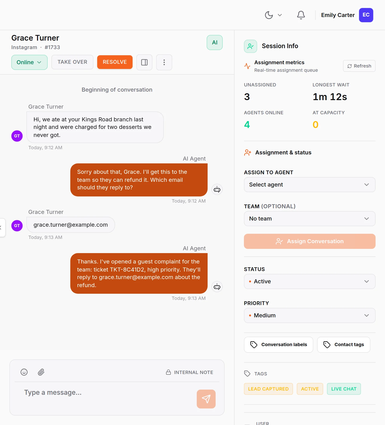 HiQBot AI helpdesk on Instagram: a restaurant guest reports being charged for two desserts never served, and the AI opens a high priority guest complaint and gives her the ticket number
