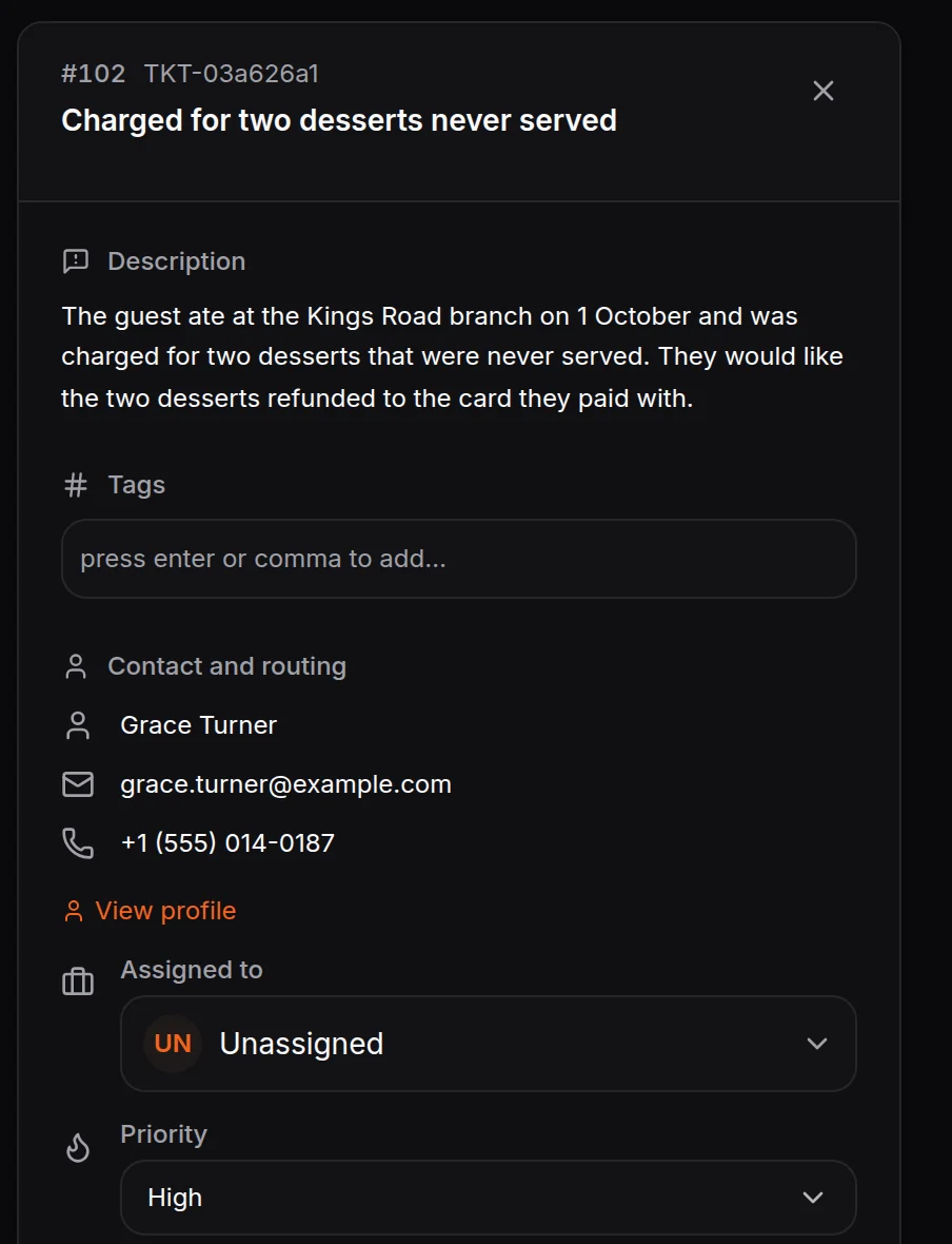 HiQBot AI helpdesk ticket: a restaurant guest charged for two desserts never served, with the summary, contact details, priority and status buttons