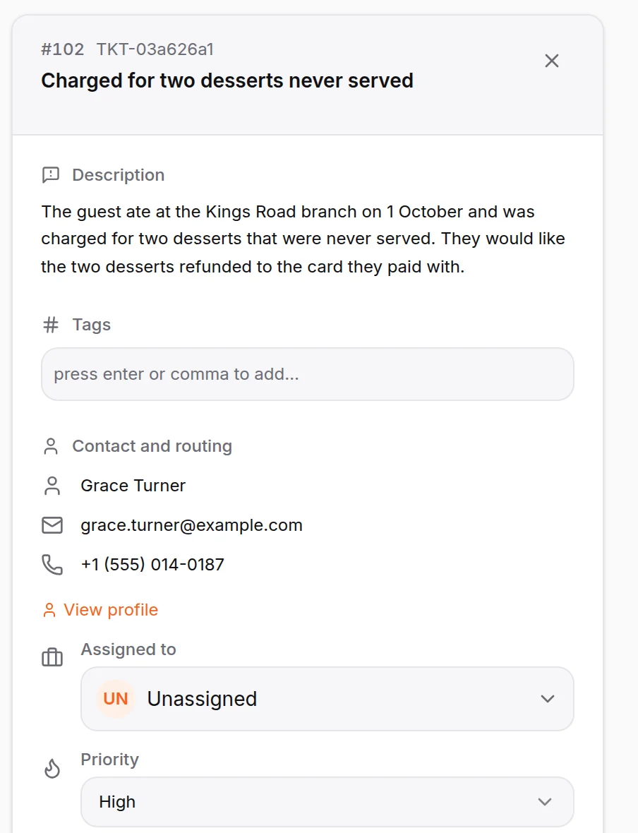 HiQBot AI helpdesk ticket: a restaurant guest charged for two desserts never served, with the summary, contact details, priority and status buttons