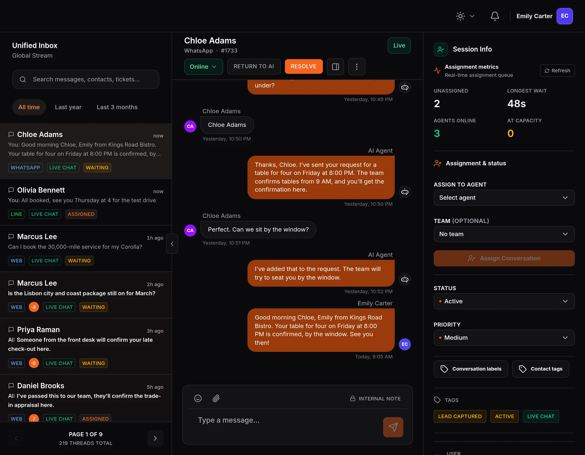 HiQBot inbox the next morning: the AI took Chloe Adams’s table request overnight on WhatsApp, and Emily from Kings Road Bistro confirms it at 9:05 AM in the same chat