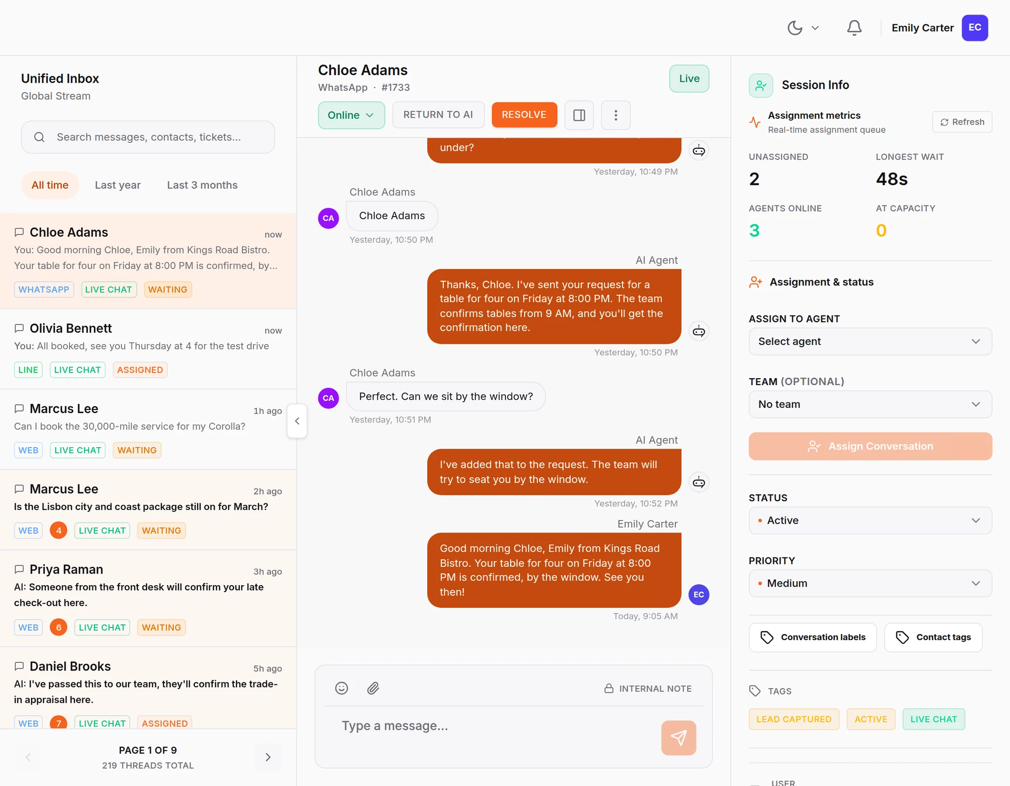 HiQBot inbox the next morning: the AI took Chloe Adams’s table request overnight on WhatsApp, and Emily from Kings Road Bistro confirms it at 9:05 AM in the same chat