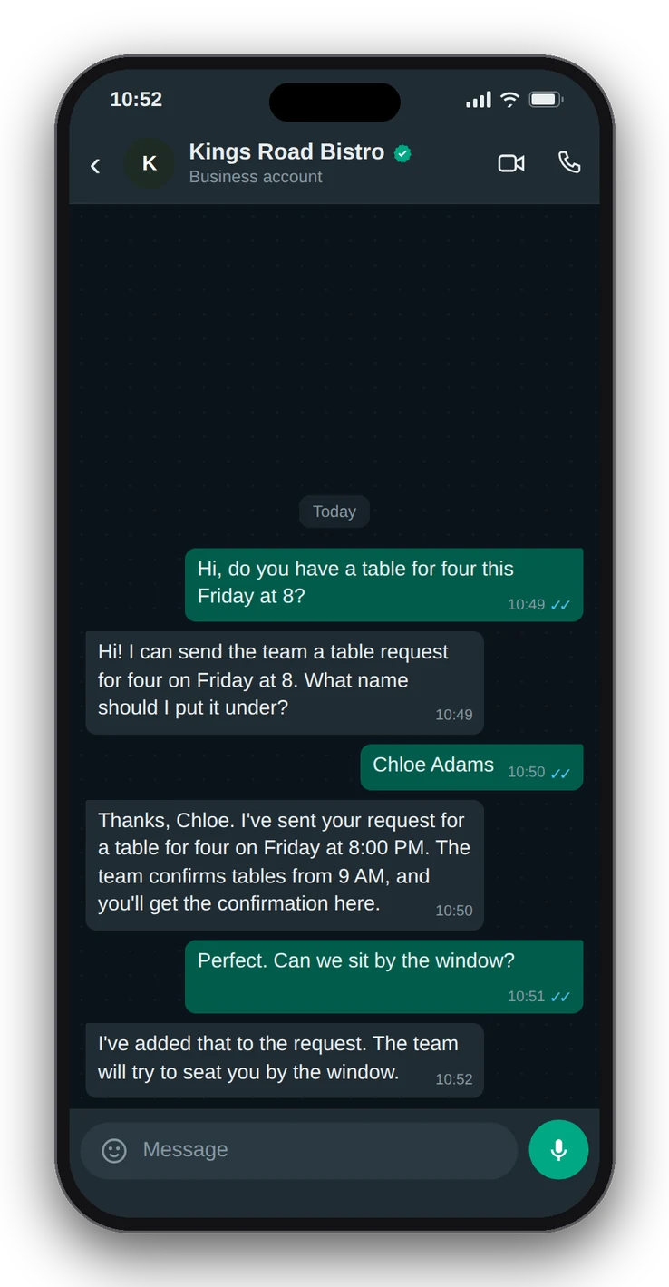WhatsApp chat with Kings Road Bistro at 10:52 PM: the AI receptionist takes a table request for four on Friday at 8 and adds a window seat
