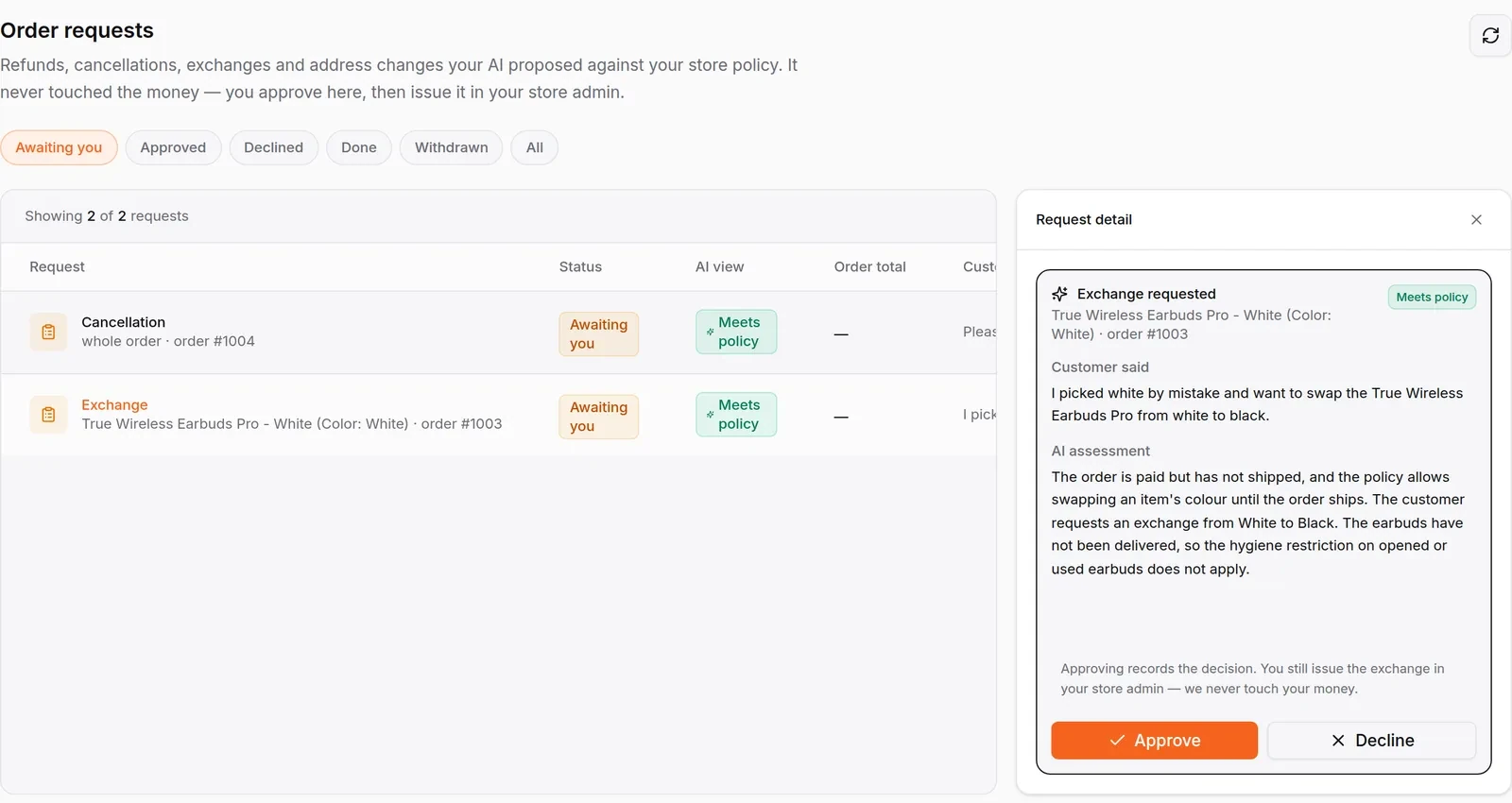 HiQBot Order Requests: an exchange request marked Meets policy, with the customer's words, the AI assessment, and Approve or Decline