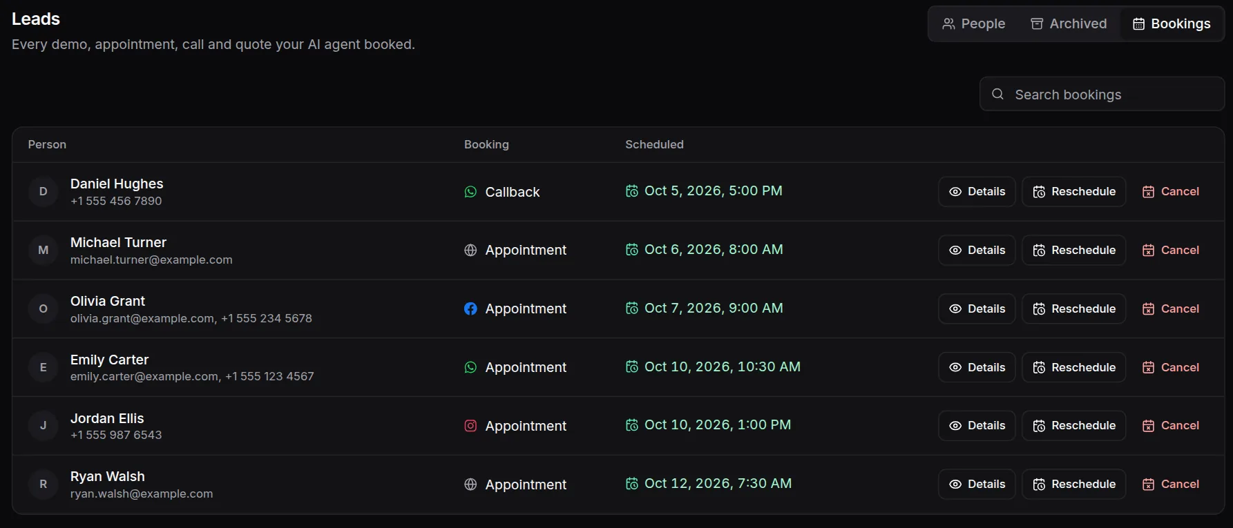 Dealership bookings list in HiQBot: test drives and service appointments from WhatsApp, Messenger, Instagram and website chat, plus a callback, each with its scheduled time and buttons to reschedule or cancel