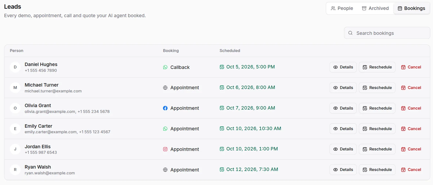 Dealership bookings list in HiQBot: test drives and service appointments from WhatsApp, Messenger, Instagram and website chat, plus a callback, each with its scheduled time and buttons to reschedule or cancel