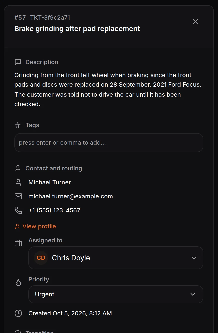 Support ticket written up by the AI for a brake grinding complaint after a pad replacement, marked urgent, telling the customer not to drive the car