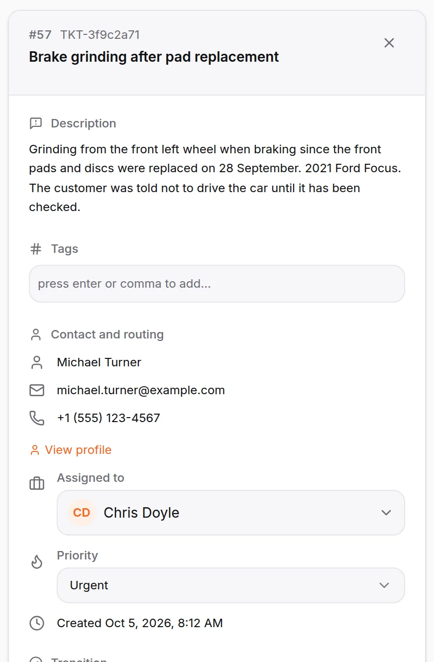 Support ticket written up by the AI for a brake grinding complaint after a pad replacement, marked urgent, telling the customer not to drive the car