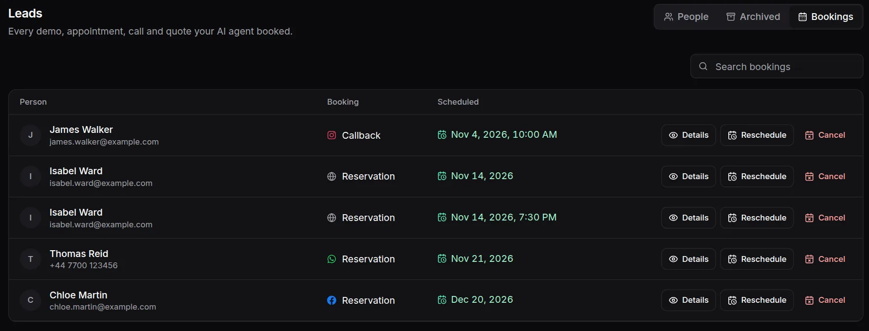HiQBot bookings list for a hotel chatbot, showing a callback, two reservations including a table request at 7:30 PM, and reservations made on WhatsApp and Messenger