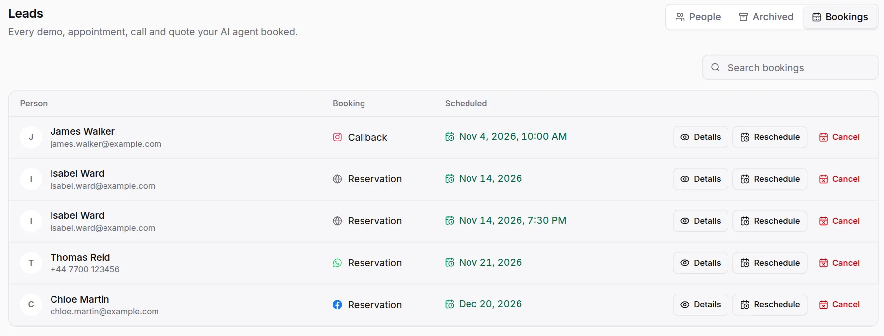 HiQBot bookings list for a hotel chatbot, showing a callback, two reservations including a table request at 7:30 PM, and reservations made on WhatsApp and Messenger