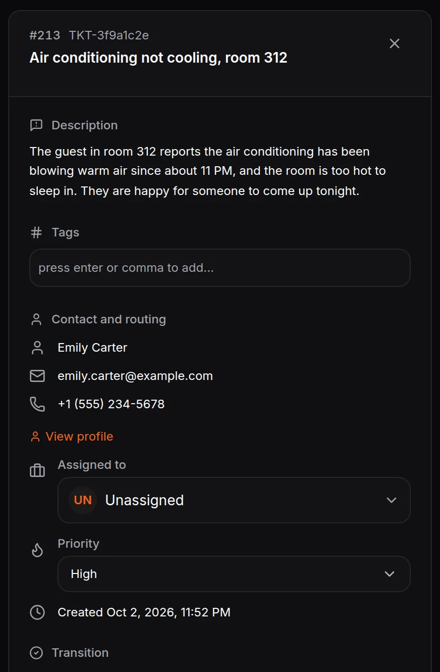 HiQBot guest request ticket for a hotel chatbot: air conditioning not cooling in room 312, contact Emily Carter, logged as high priority