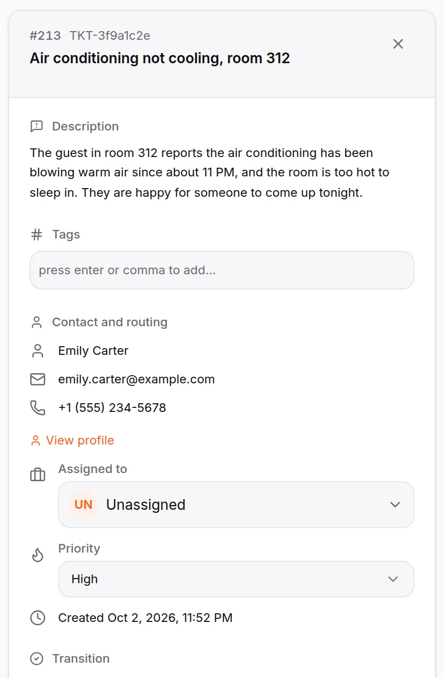 HiQBot guest request ticket for a hotel chatbot: air conditioning not cooling in room 312, contact Emily Carter, logged as high priority