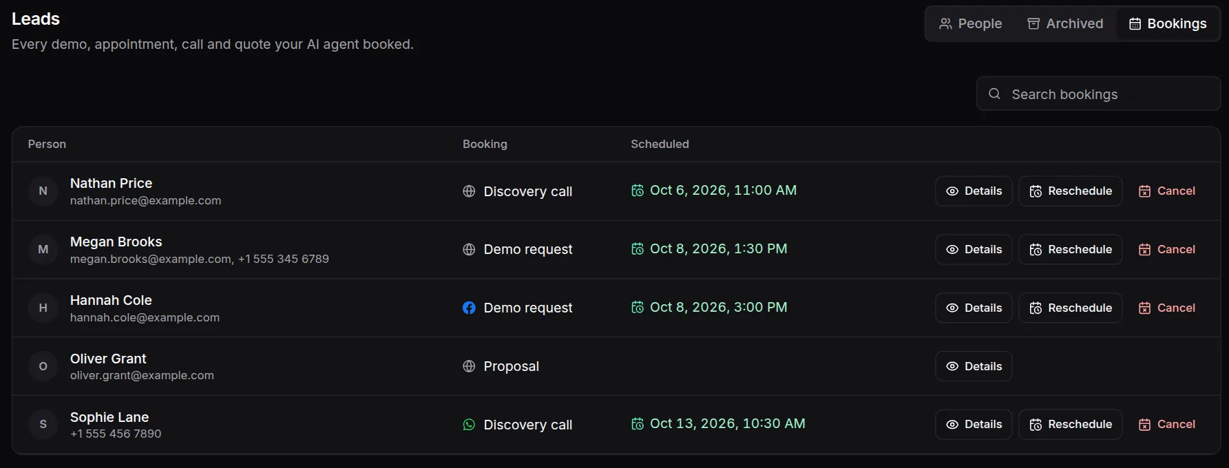 HiQBot bookings list showing demos, a discovery call and a proposal request, each with its own time and contact
