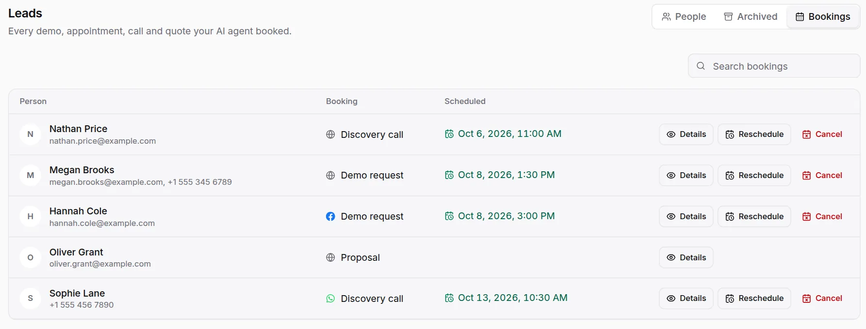 HiQBot bookings list showing demos, a discovery call and a proposal request, each with its own time and contact
