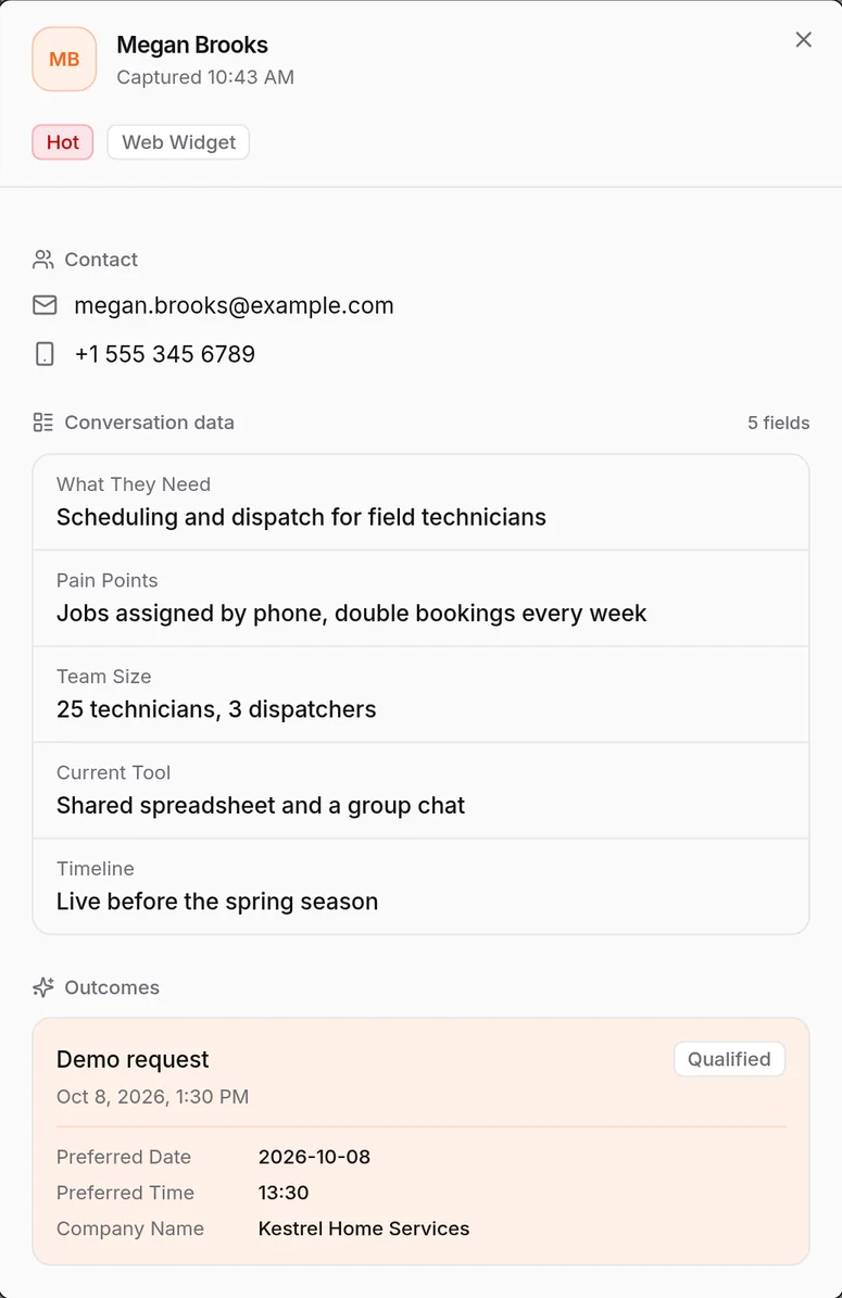 Lead record in HiQBot for Megan Brooks at Kestrel Home Services, qualified and booked onto a demo