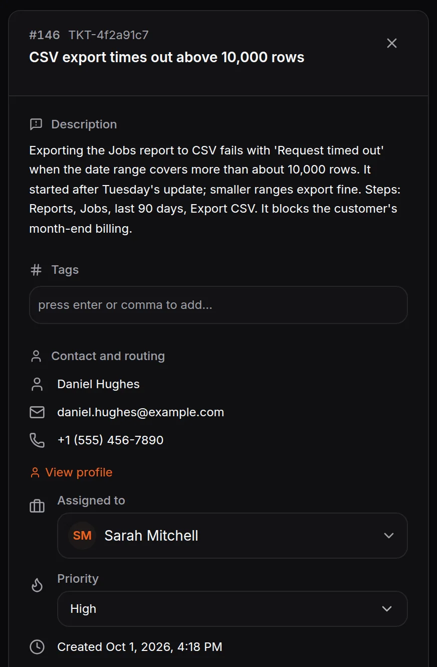 Support ticket written up by HiQBot for a CSV export bug, marked high priority and assigned to Sarah Mitchell