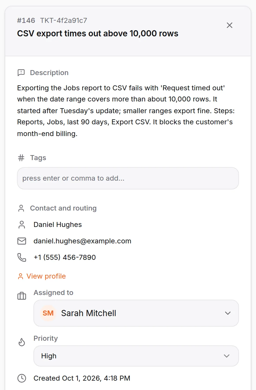 Support ticket written up by HiQBot for a CSV export bug, marked high priority and assigned to Sarah Mitchell