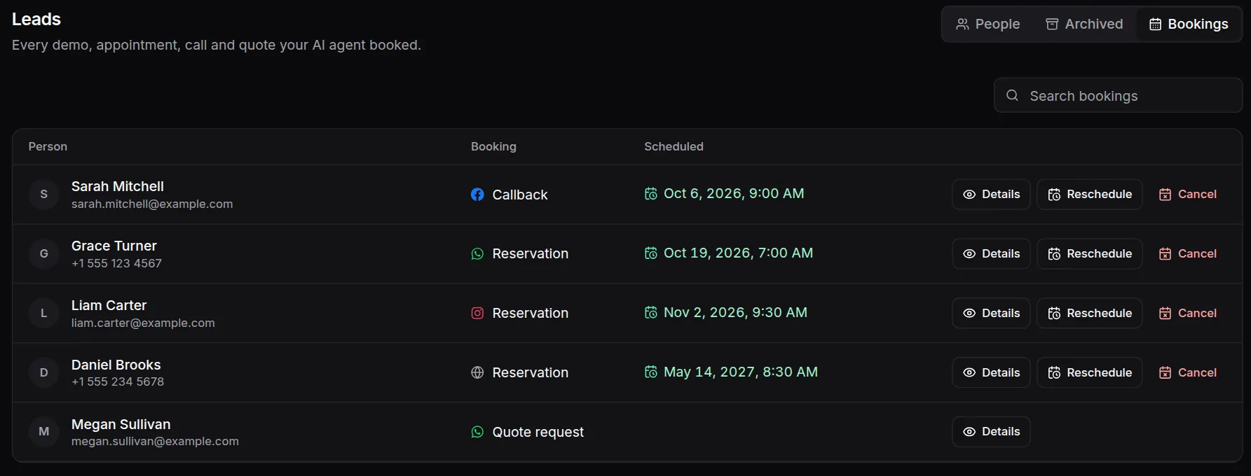 HiQBot bookings list showing day trips and transfers booked by travellers in chat, including a Sintra and Cascais day trip, each with its date and time