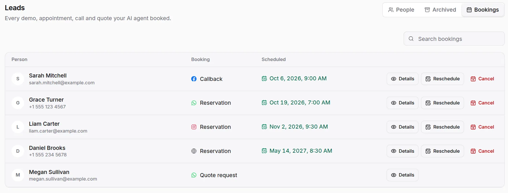 HiQBot bookings list showing day trips and transfers booked by travellers in chat, including a Sintra and Cascais day trip, each with its date and time