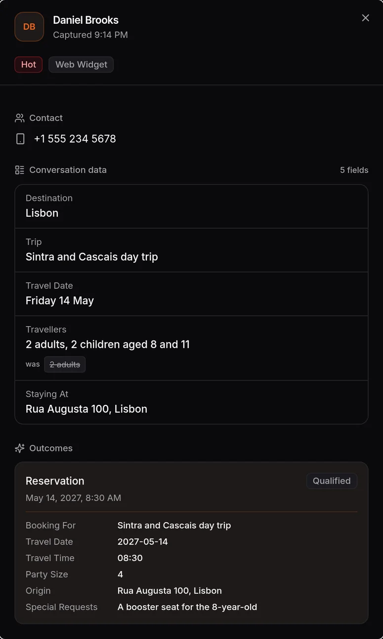 HiQBot travel chatbot lead record for Daniel Brooks, booked onto a Sintra and Cascais day trip, with the conversation data and the booked outcome