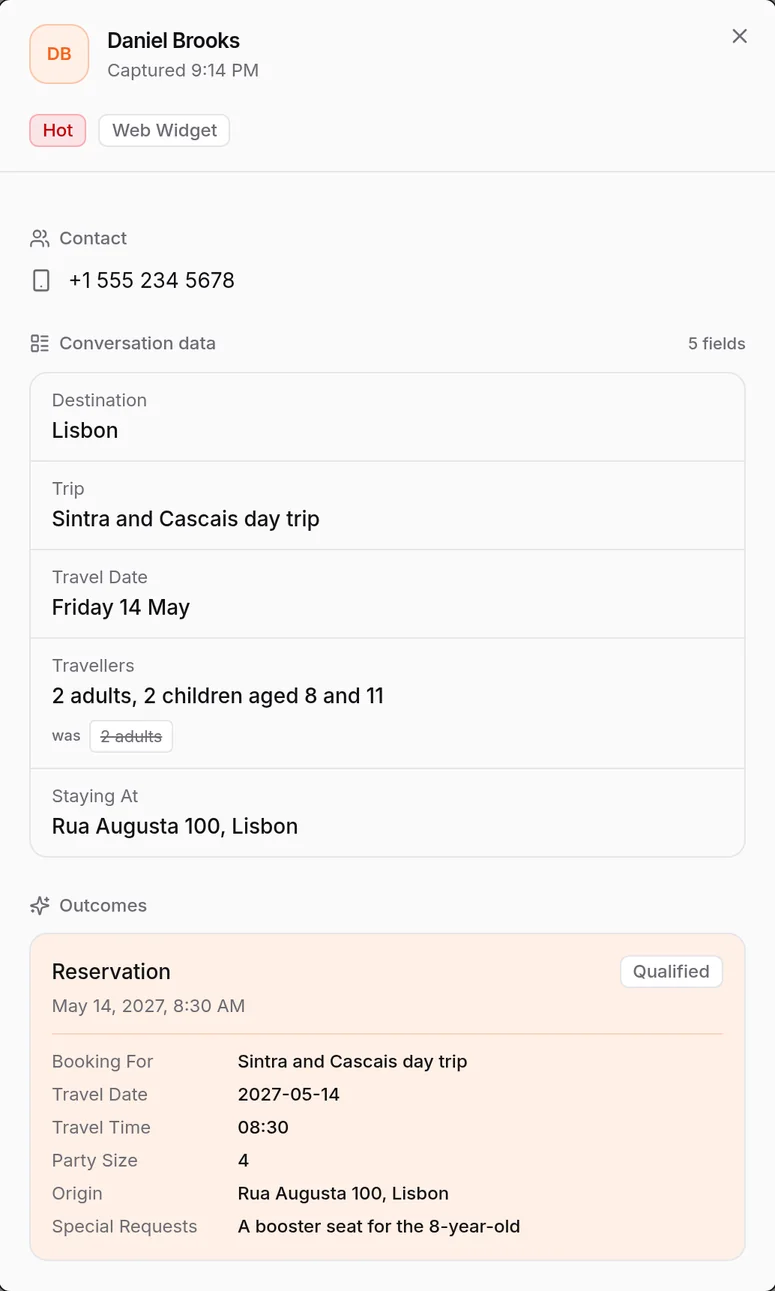 HiQBot travel chatbot lead record for Daniel Brooks, booked onto a Sintra and Cascais day trip, with the conversation data and the booked outcome