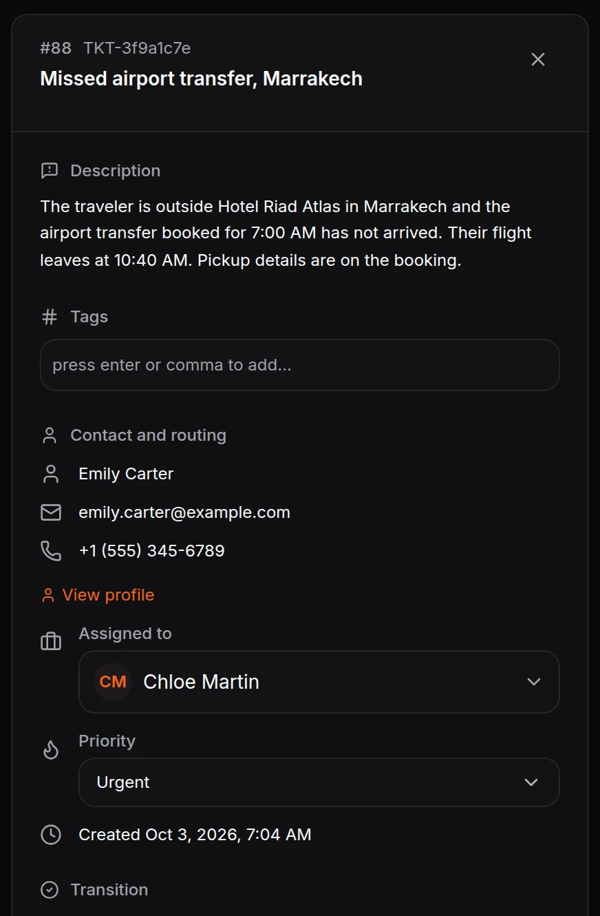 A support ticket the travel chatbot wrote up from a traveller's message, with the problem, priority and contact details ready for the team