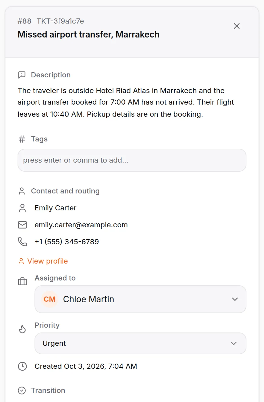 A support ticket the travel chatbot wrote up from a traveller's message, with the problem, priority and contact details ready for the team