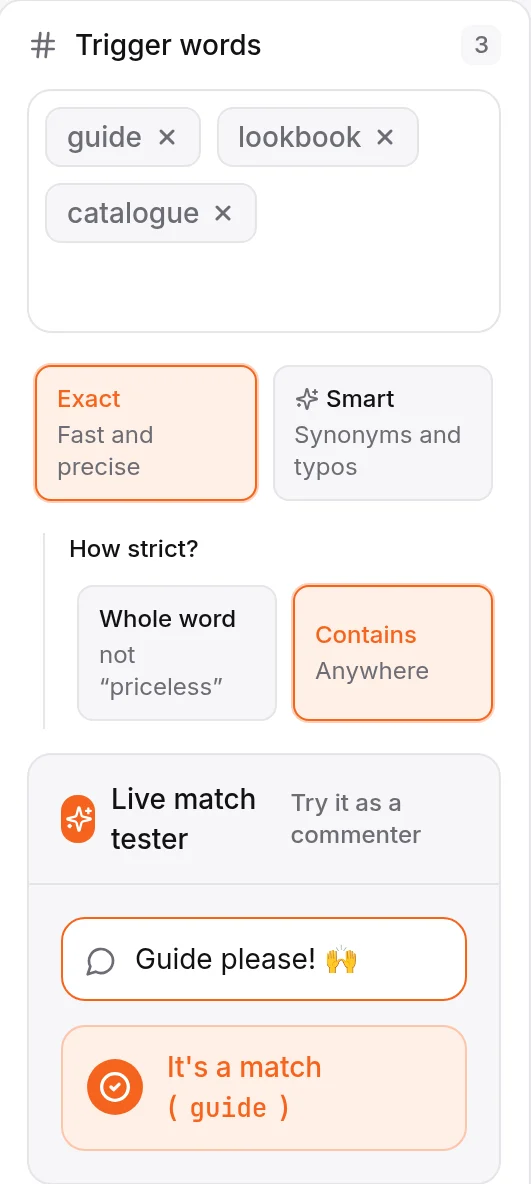HiQBot live match tester checking an Instagram comment reply automation rule with trigger words guide, lookbook and catalogue against the comment Guide please