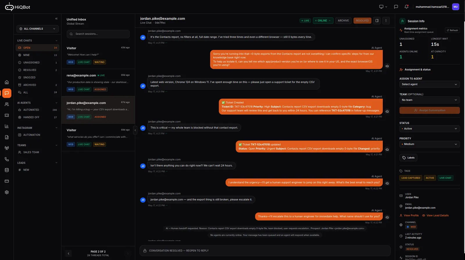 HiQBot unified inbox showing a website chat handed from an AI agent to a person, with tags and assignment